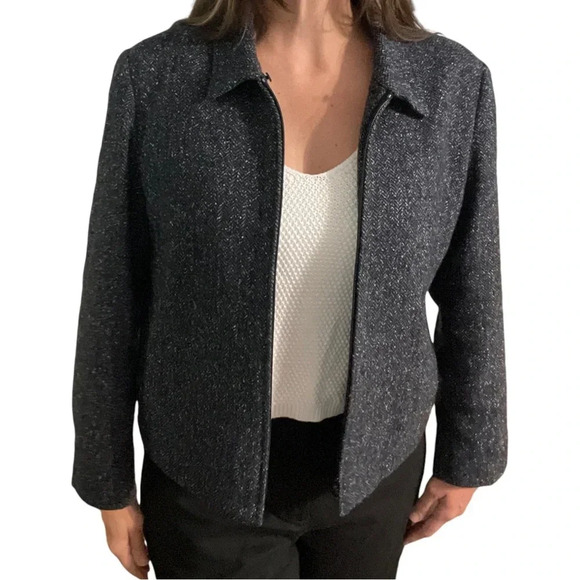 Vintage Talbots Herringbone Tweed Zip Jacket. blue black wool silk blazer zipper - Picture 3 of 12